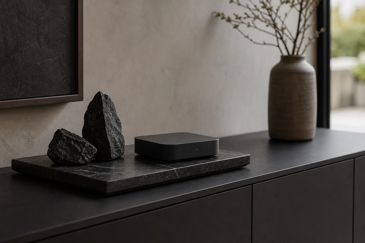 Smart home hub visually softened by a dark stone tray, rough mineral forms, and open surrounding space