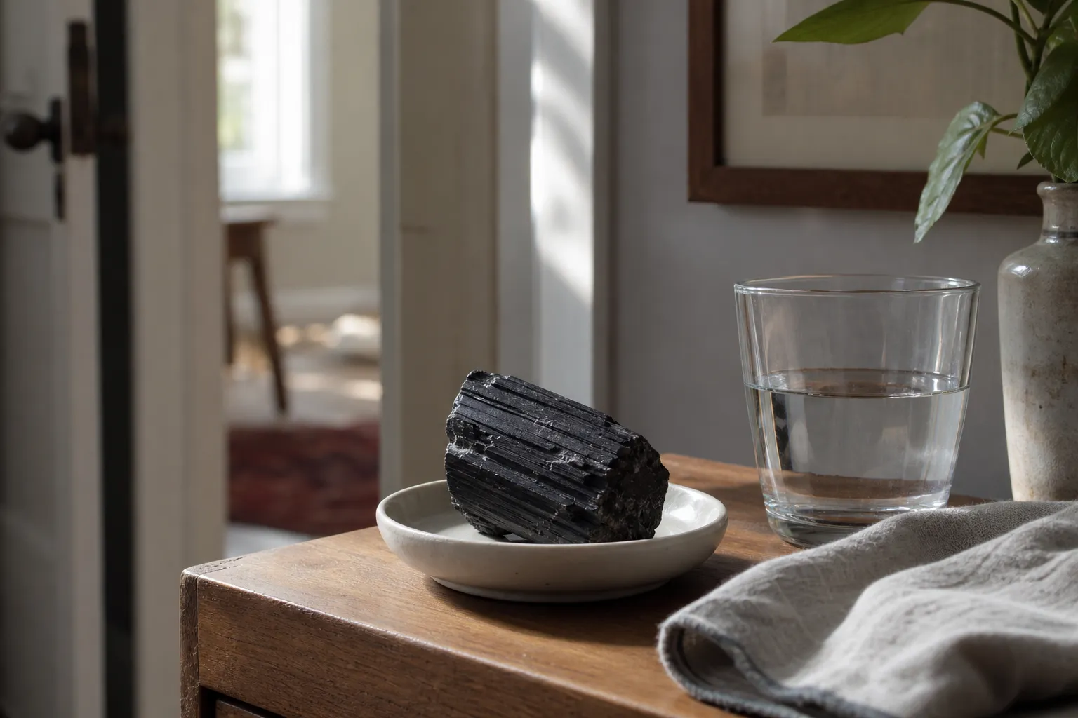 Black tourmaline resting in a set place while a short stone-free window begins nearby