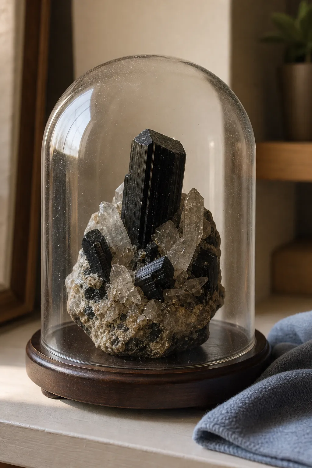 A rough tourmaline or quartz cluster protected by a simple cover so dust is less likely to lodge in terminations and matrix surfaces.