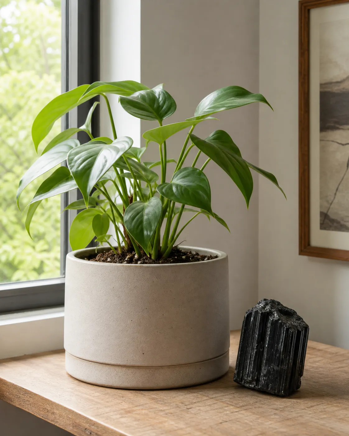 A light-aware indoor plant arrangement with a dark stone used as a visual anchor beside the pot.