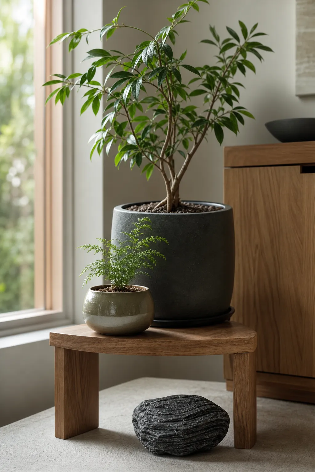 A layered plant display showing a taller plant, a middle surface, and a dark stone placed low without crowding the pot.