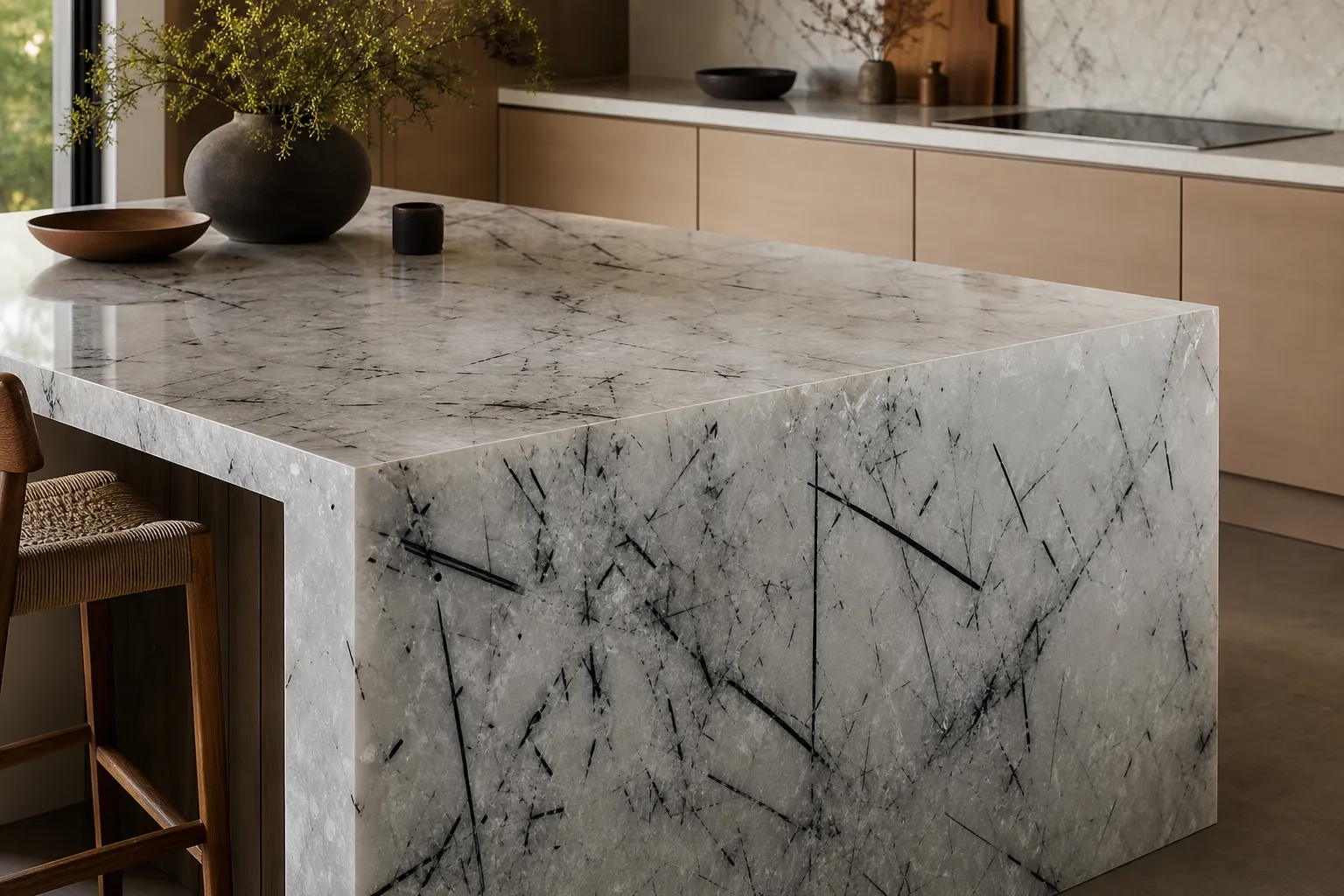 Tourmalinated quartz slab used as a quiet luxury kitchen surface with black mineral inclusions visible across the stone