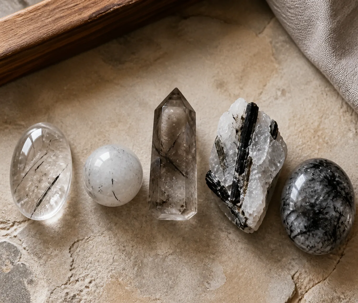 Several tourmalinated quartz pieces showing different host clarity and dark inclusion patterns