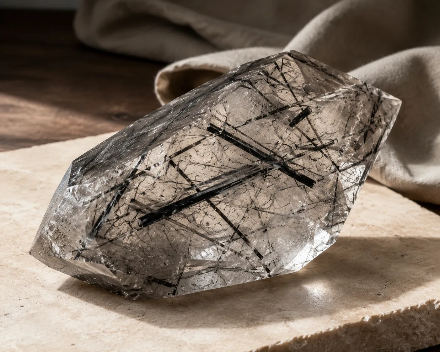 A clear quartz specimen with dark tourmaline inclusions visible inside the host crystal
