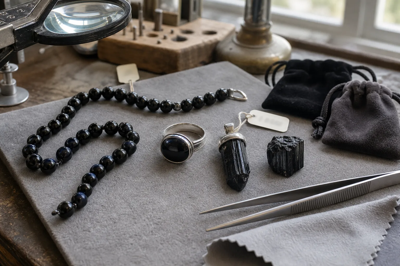 Black tourmaline jewelry forms showing exposed points, beads, and protected cabochon settings