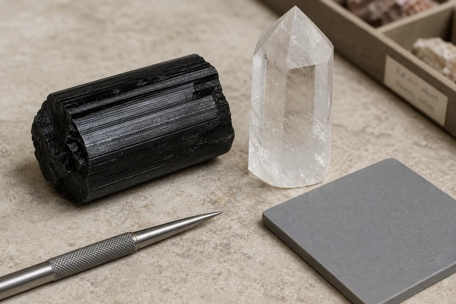 Black tourmaline compared with quartz to show Mohs hardness around 7 to 7.5