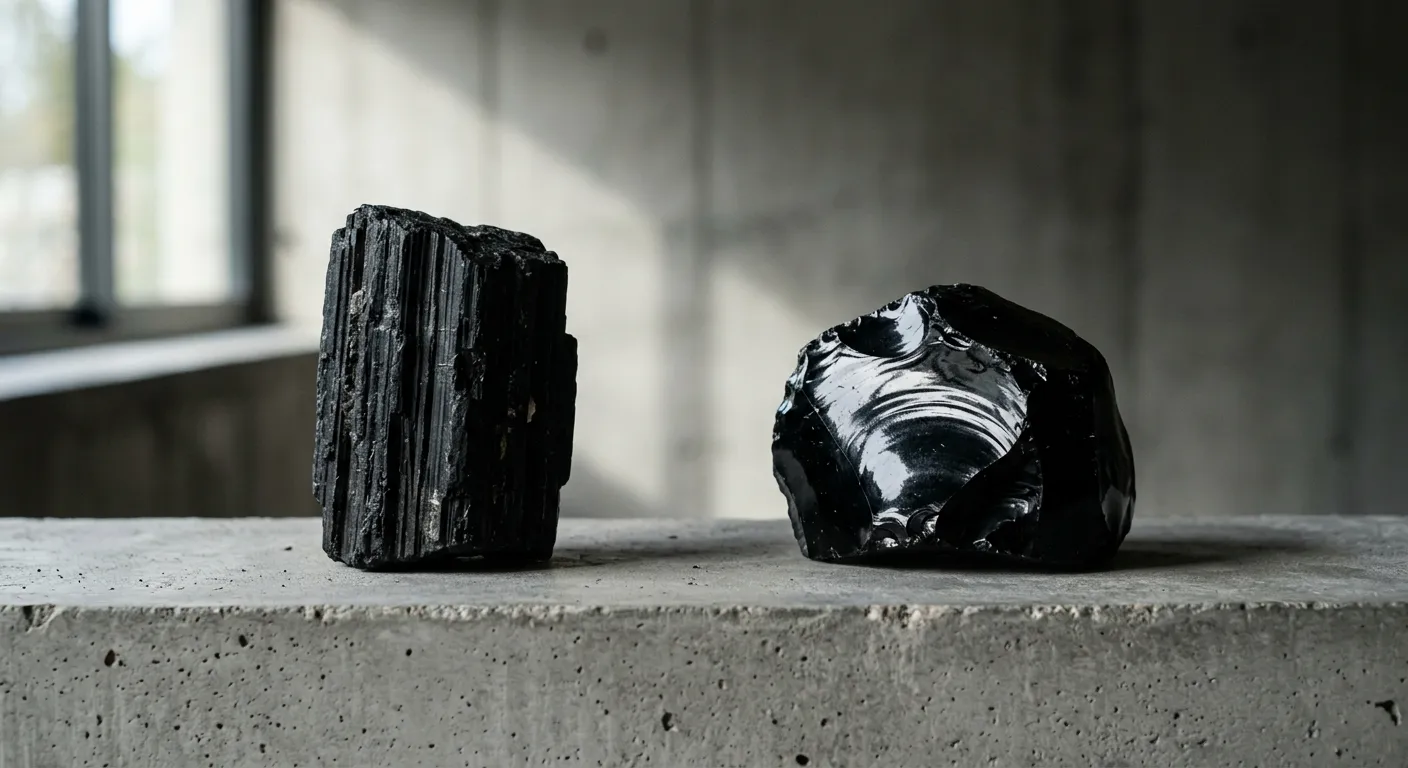 Comparison between matte black tourmaline and reflective black obsidian