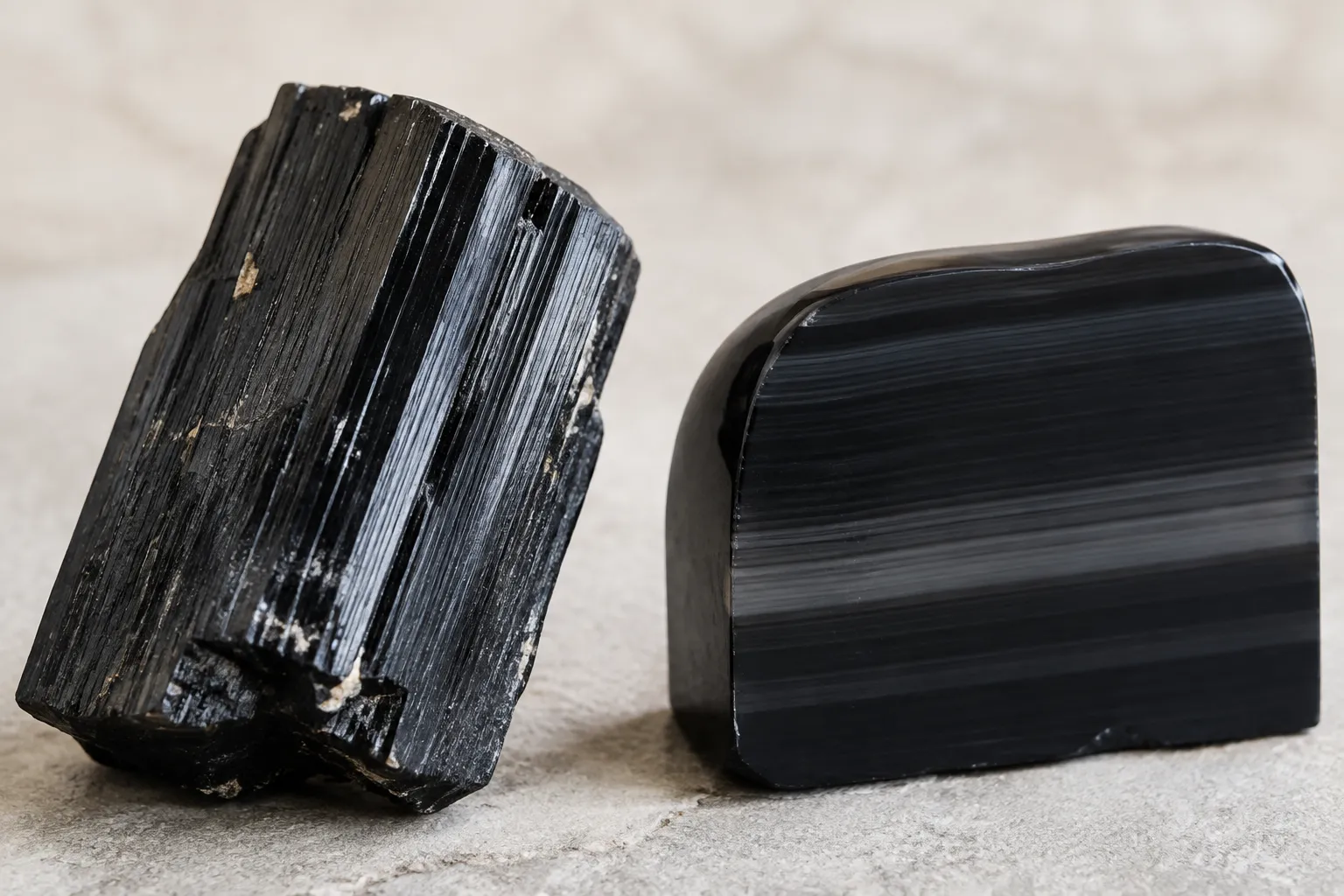Close material comparison showing striated rough schorl and banded polished onyx surfaces