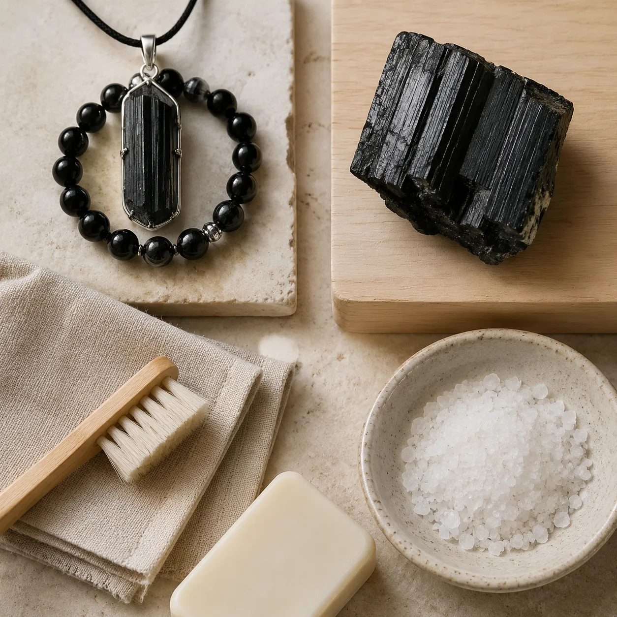 Black tourmaline jewelry and a rough specimen arranged beside a dry cloth, brush, soap, and salt to compare care variables