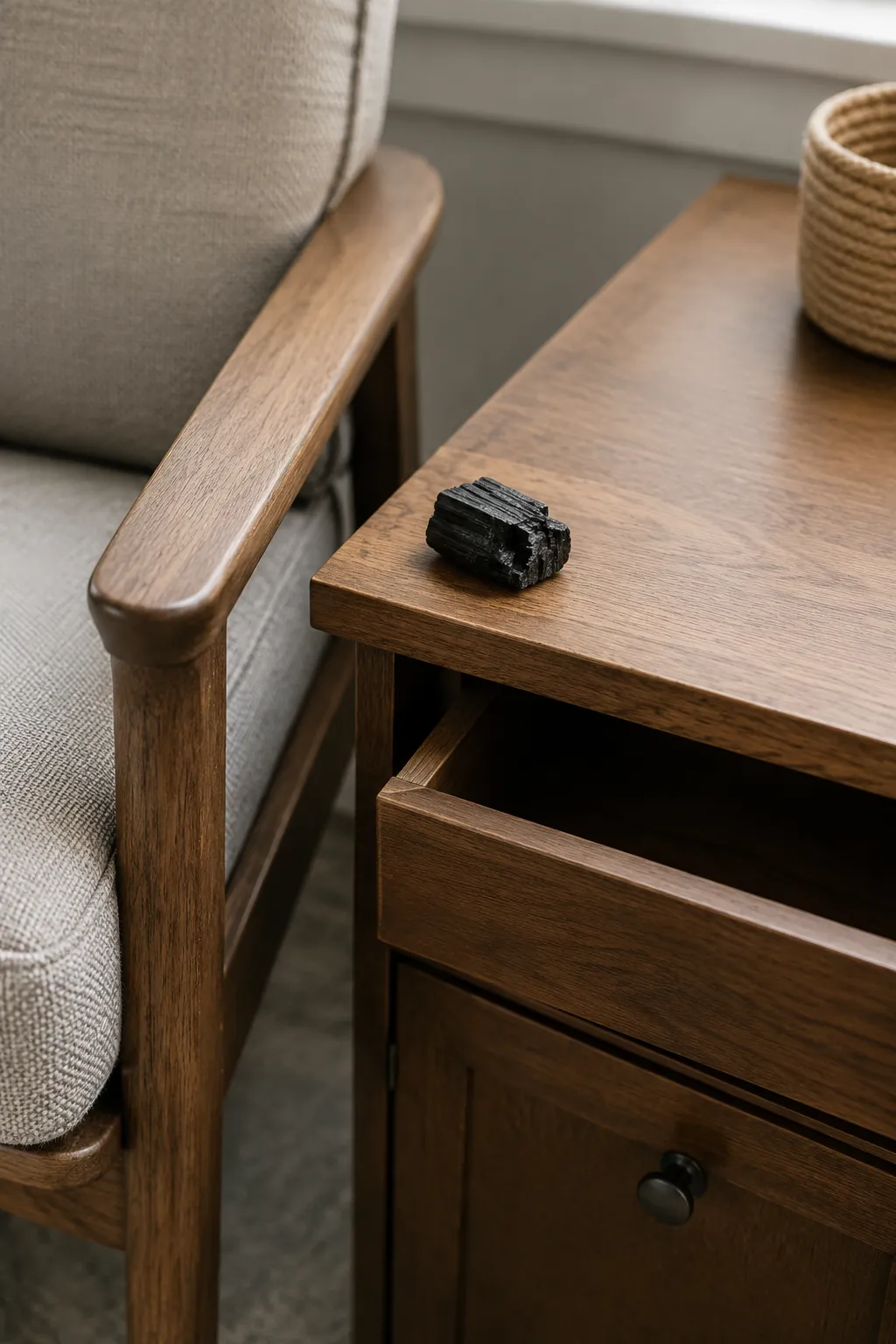 A small black tourmaline or schorl specimen placed beside a chair with options for distance, visibility, and removal