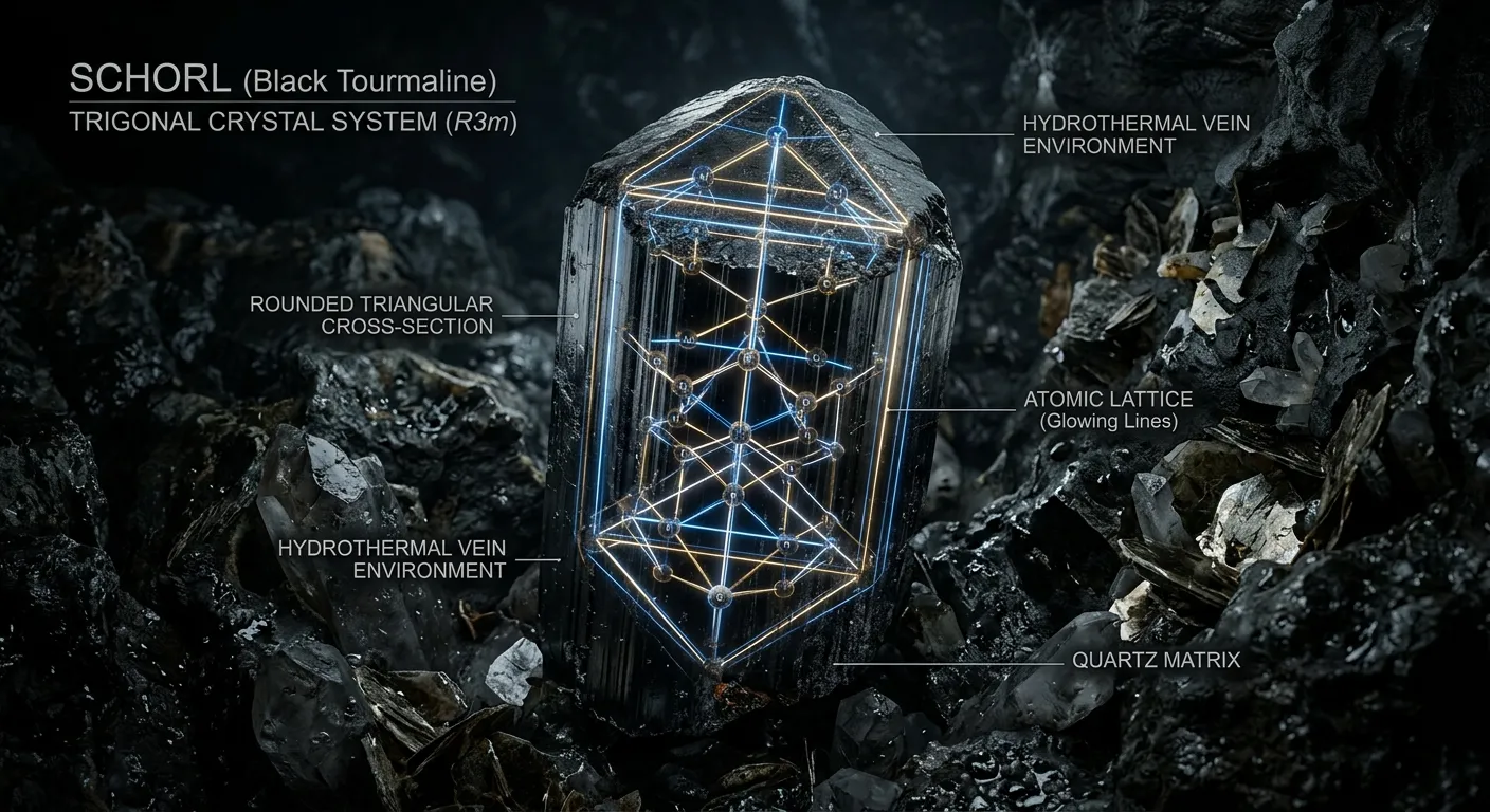 Microscopic architecture of Schorl's complex trigonal crystal system