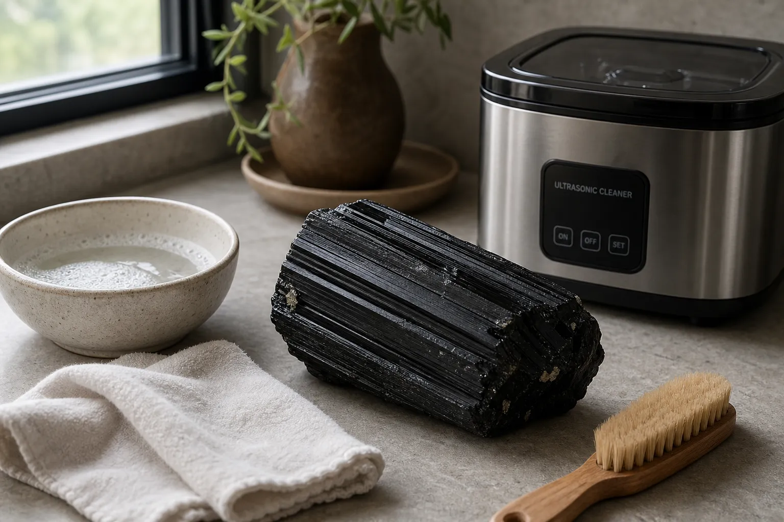 Black tourmaline specimen beside a quiet manual cleaning setup, emphasizing hidden internal weakness over surface hardness