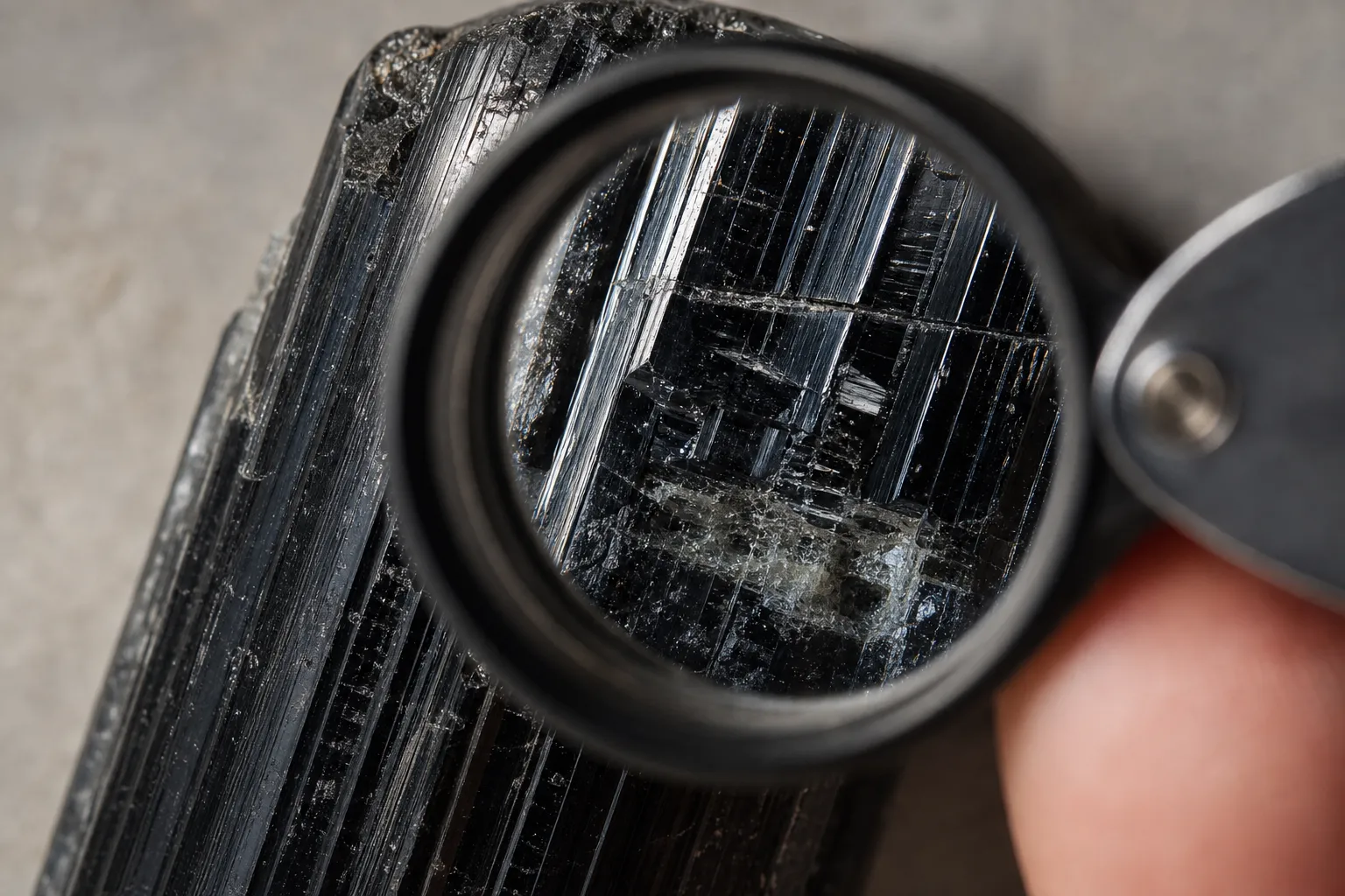 Close inspection of dark schorl showing cracks, reflective planes, and inclusion zones that can collect cleaning stress