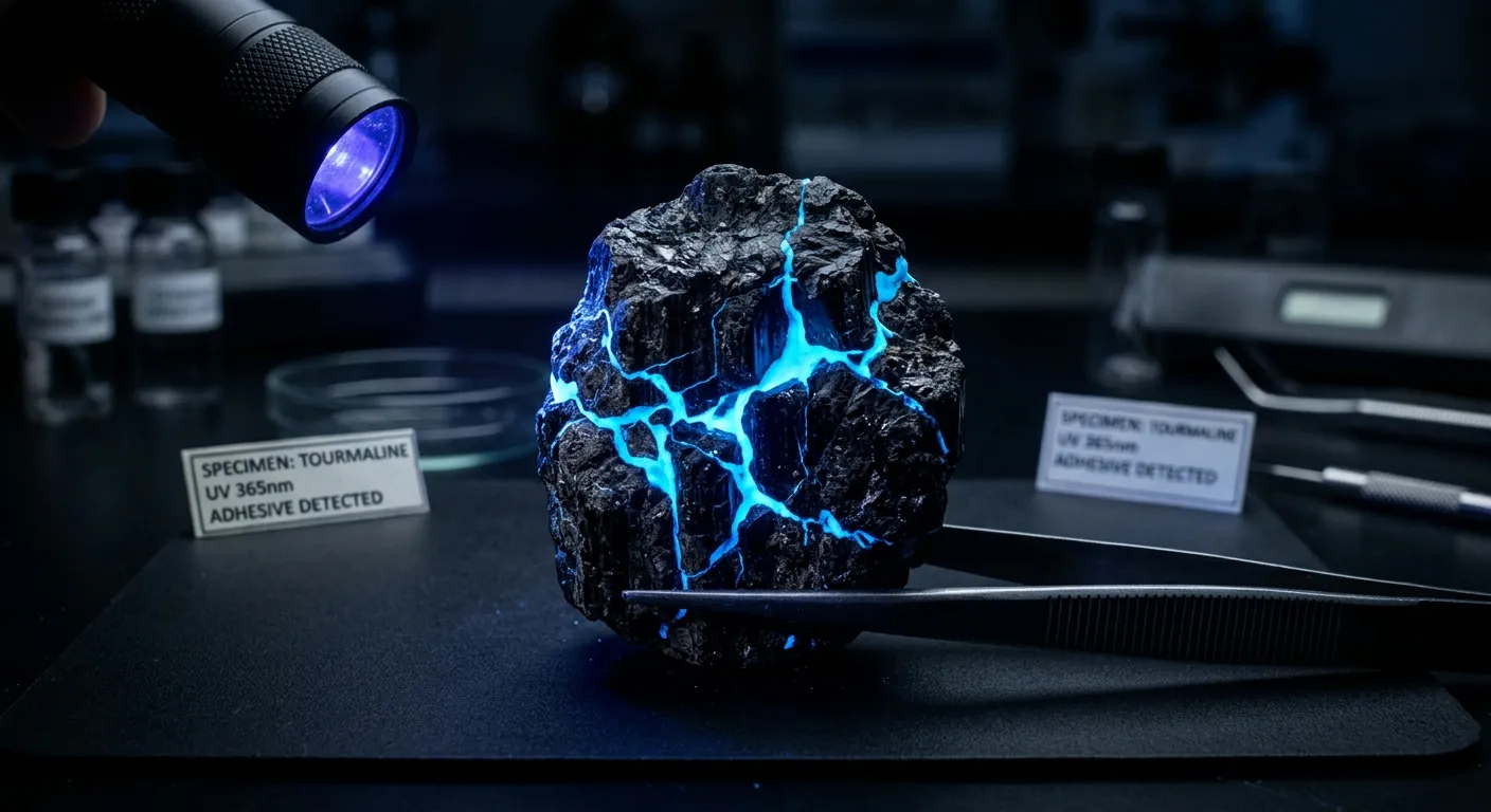 UV fluorescence testing on a Schorl specimen revealing synthetic adhesives