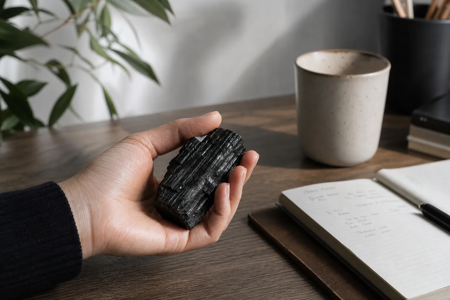 A hand holding a dark ridged grounding stone beside a quiet desk setup for a short pause practice