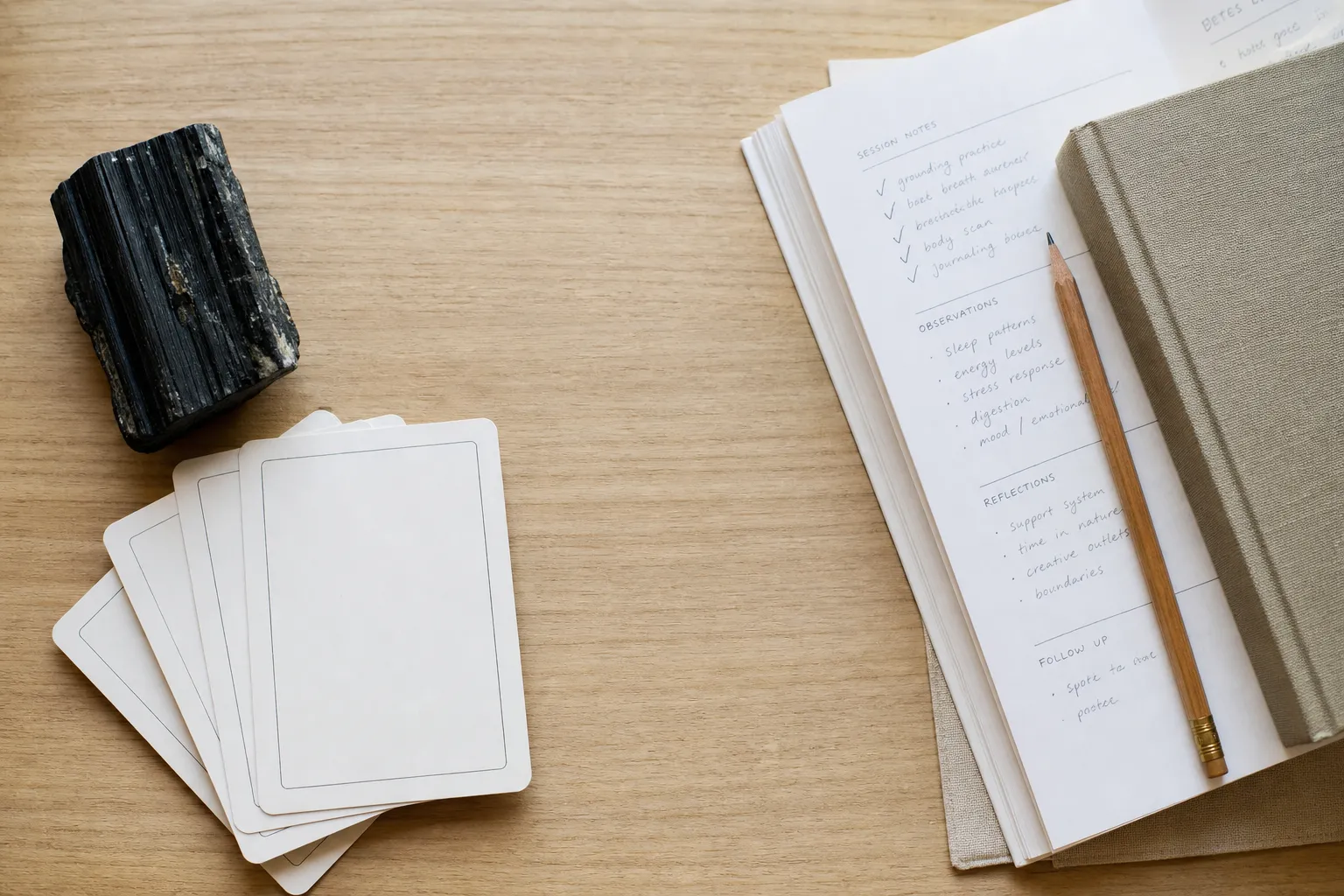 A grounding crystal and somatic prompt cards arranged separately from clinical notes to show the boundary between ritual support and medical claims