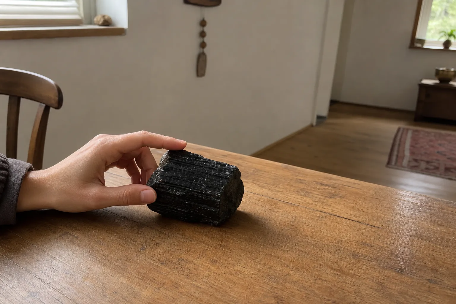 A raw black tourmaline piece placed where a person can observe one safe ridge, trace an edge, breathe, and return attention to the room.