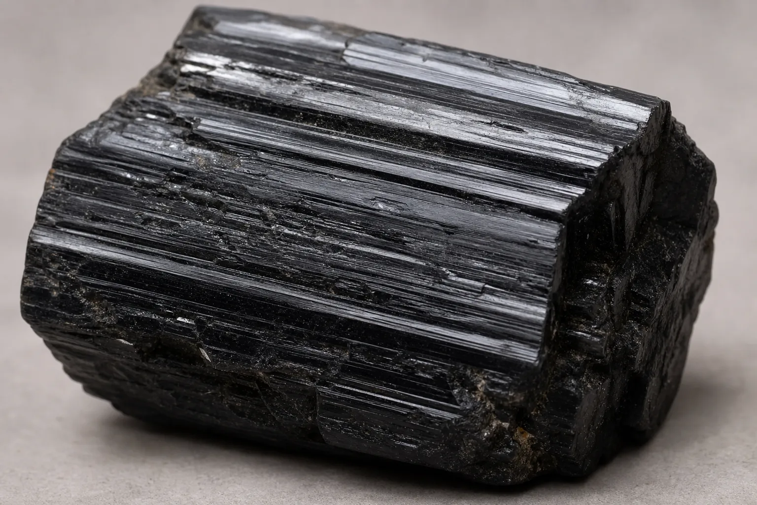 Raw black tourmaline with ridges, shadowed grooves, chipped planes, and dull-to-glossy surface changes used as a mindfulness cue.