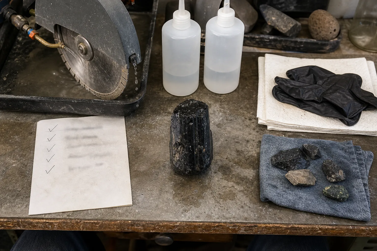 Cutting checklist for schorl focused on lubricant compatibility, steady fluid delivery, cleanup, and specimen condition