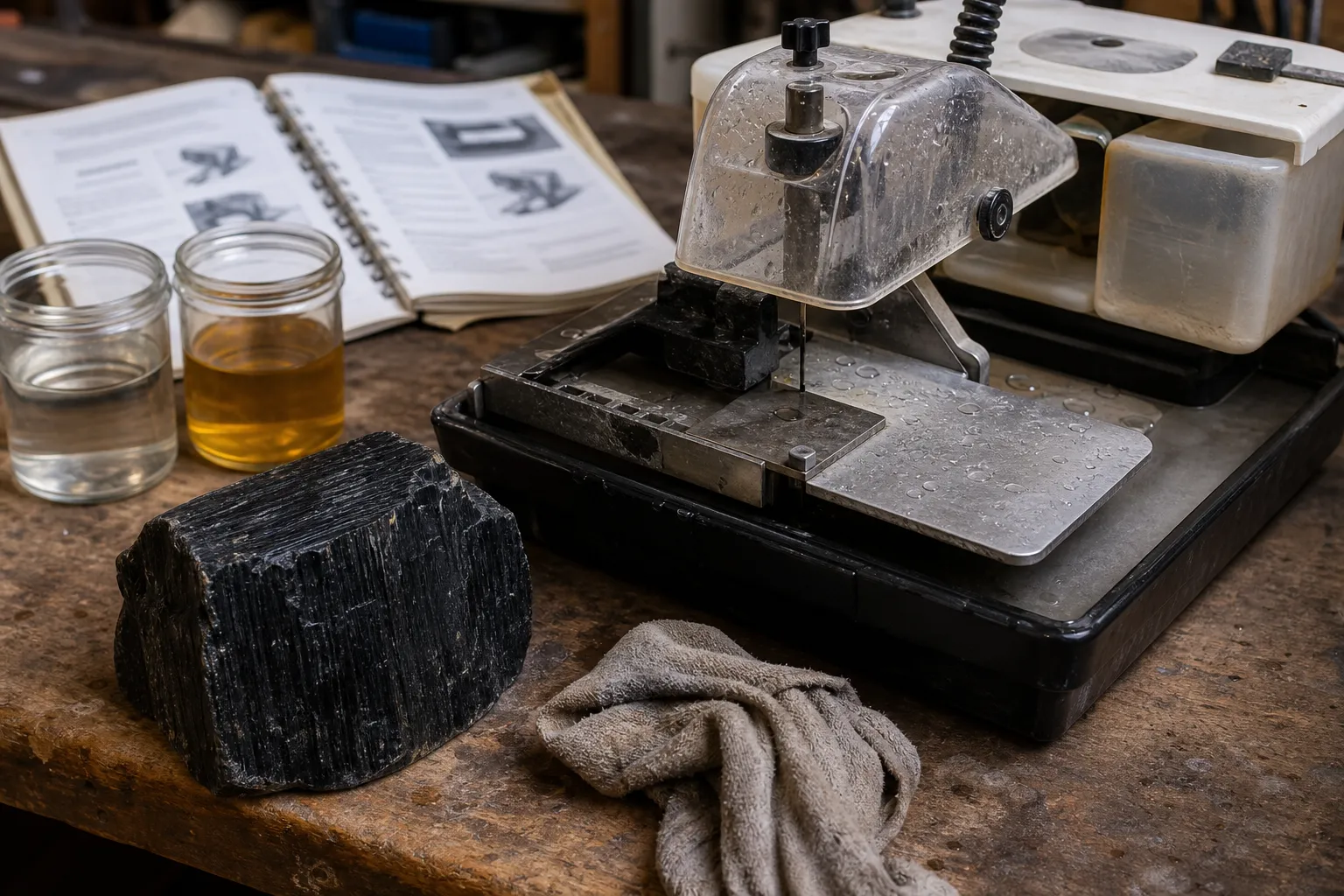 Raw schorl beside a lapidary saw setup where lubricant choice depends on the saw and blade instructions