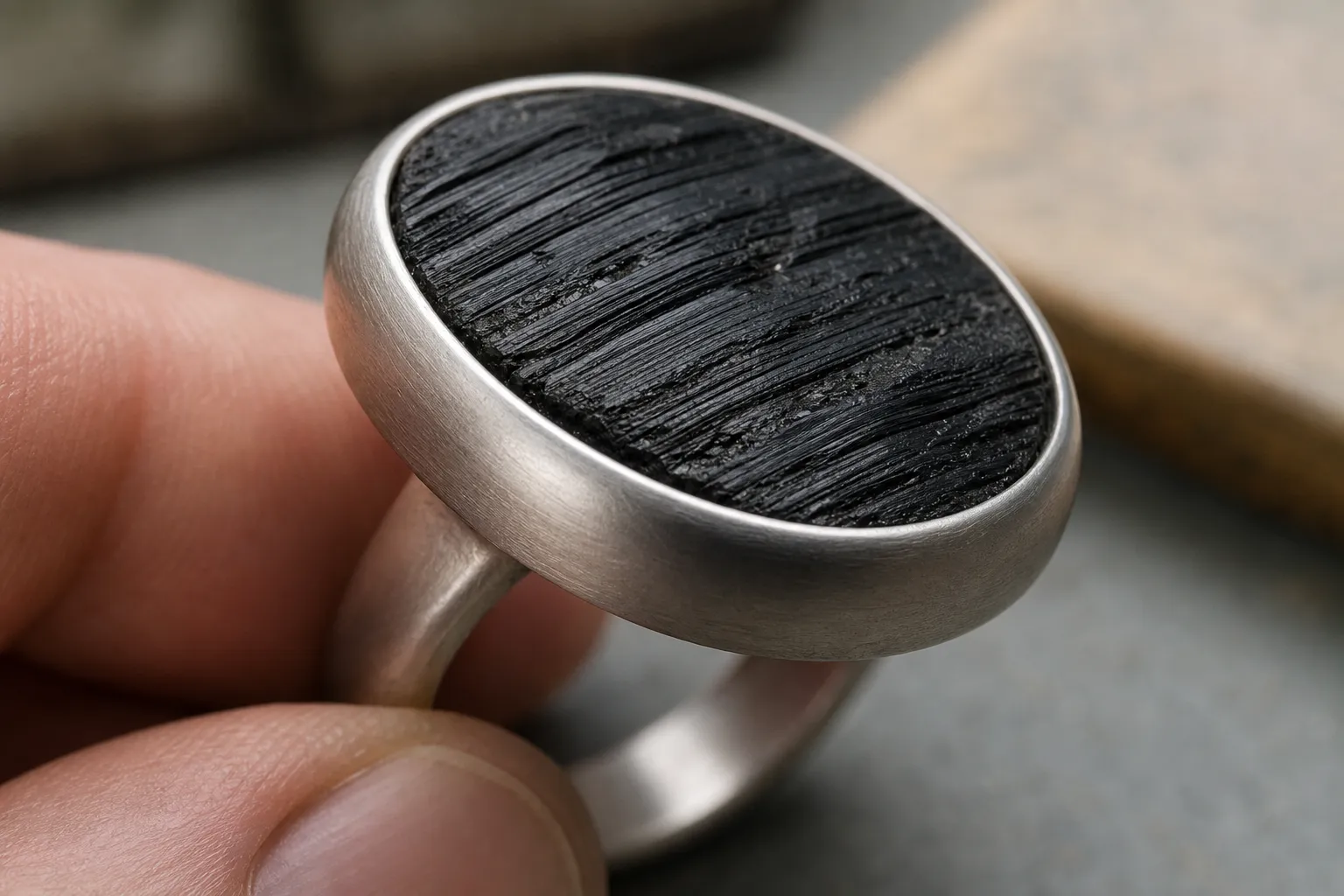 Black tourmaline in a bezel setting showing the metal rim protecting the stone edge