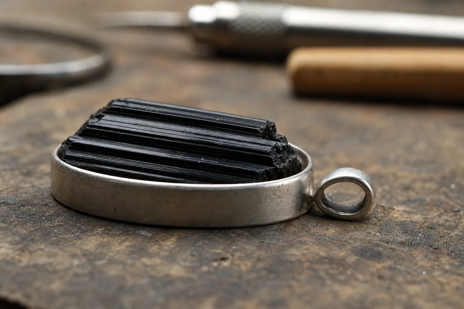 Side view of a black tourmaline setting showing how much stone rises above the bezel rim