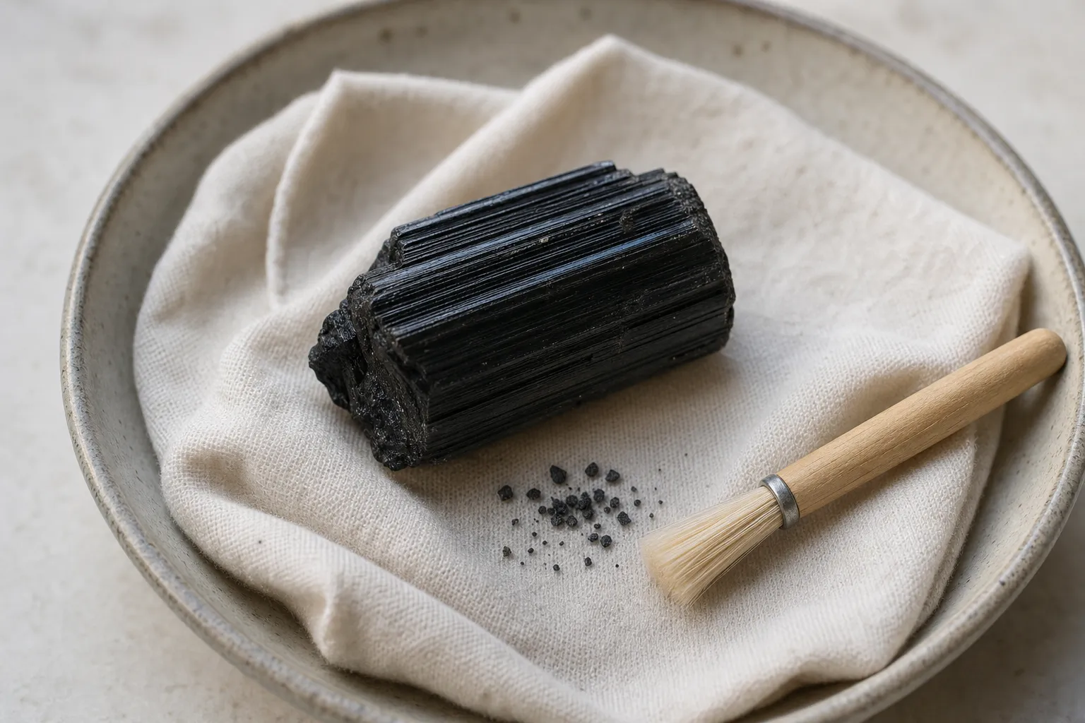 Black tourmaline kept dry and separate in a padded dish with a soft brush nearby