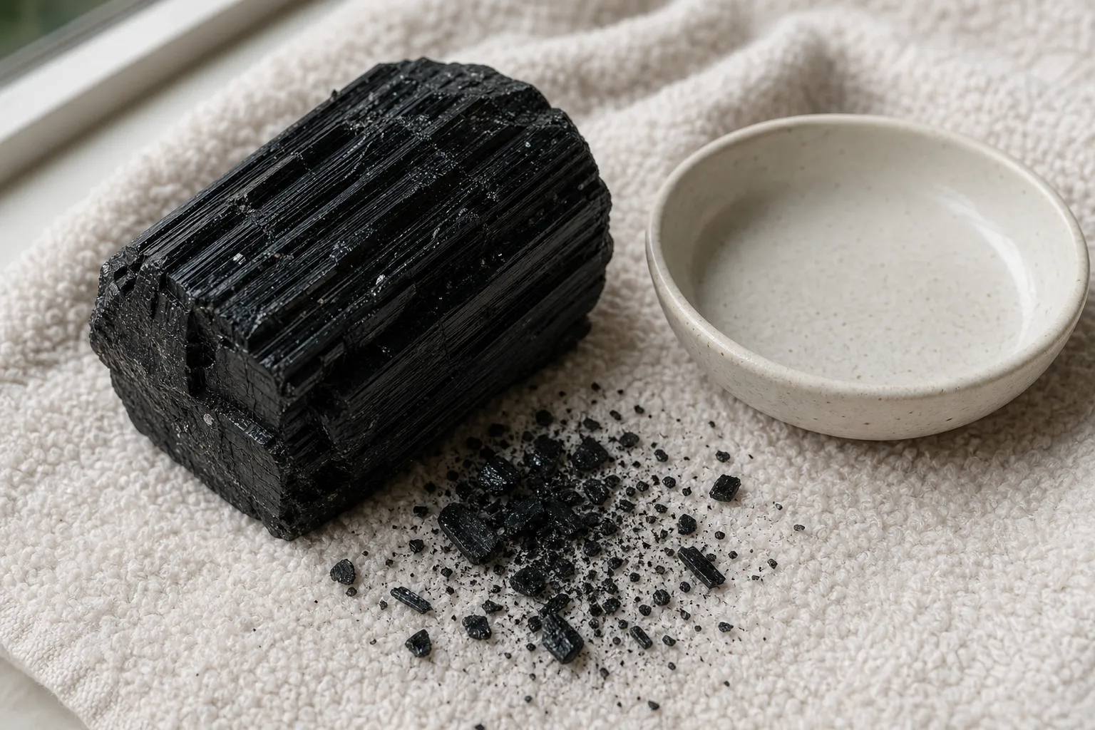A fragile raw black tourmaline specimen shedding small flakes beside a towel and separate storage dish