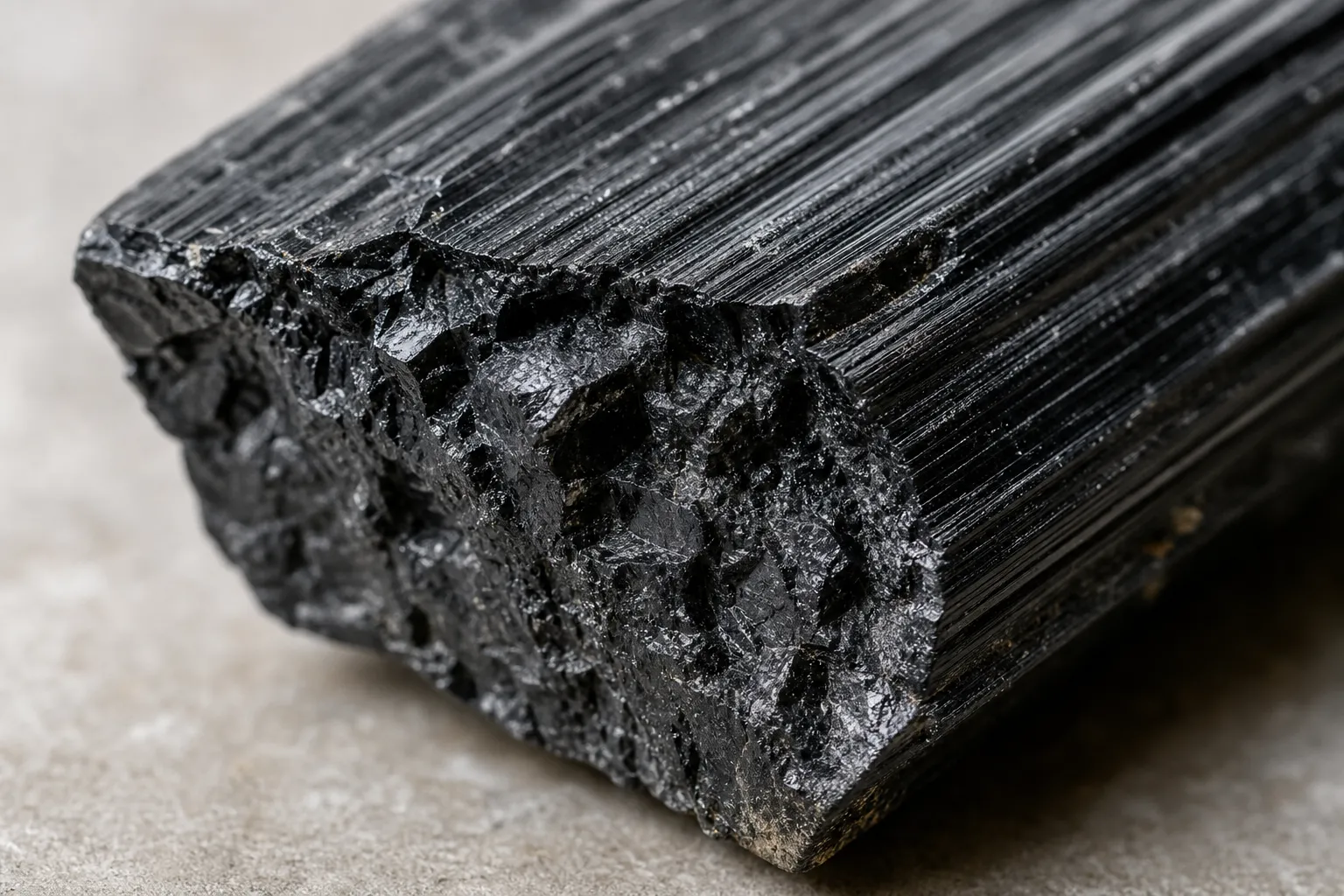 Close view of broken raw schorl showing an edge, ridge, and fracture surface for observation